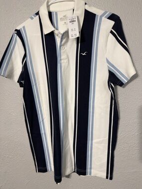 Hollister Navy, Light Blue & White Vertical Stripe Polo